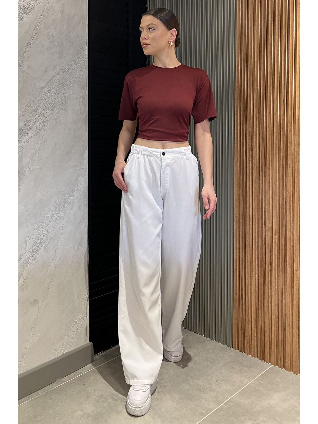 Beyaz Kadın Yüksek Bel Pantolon-1