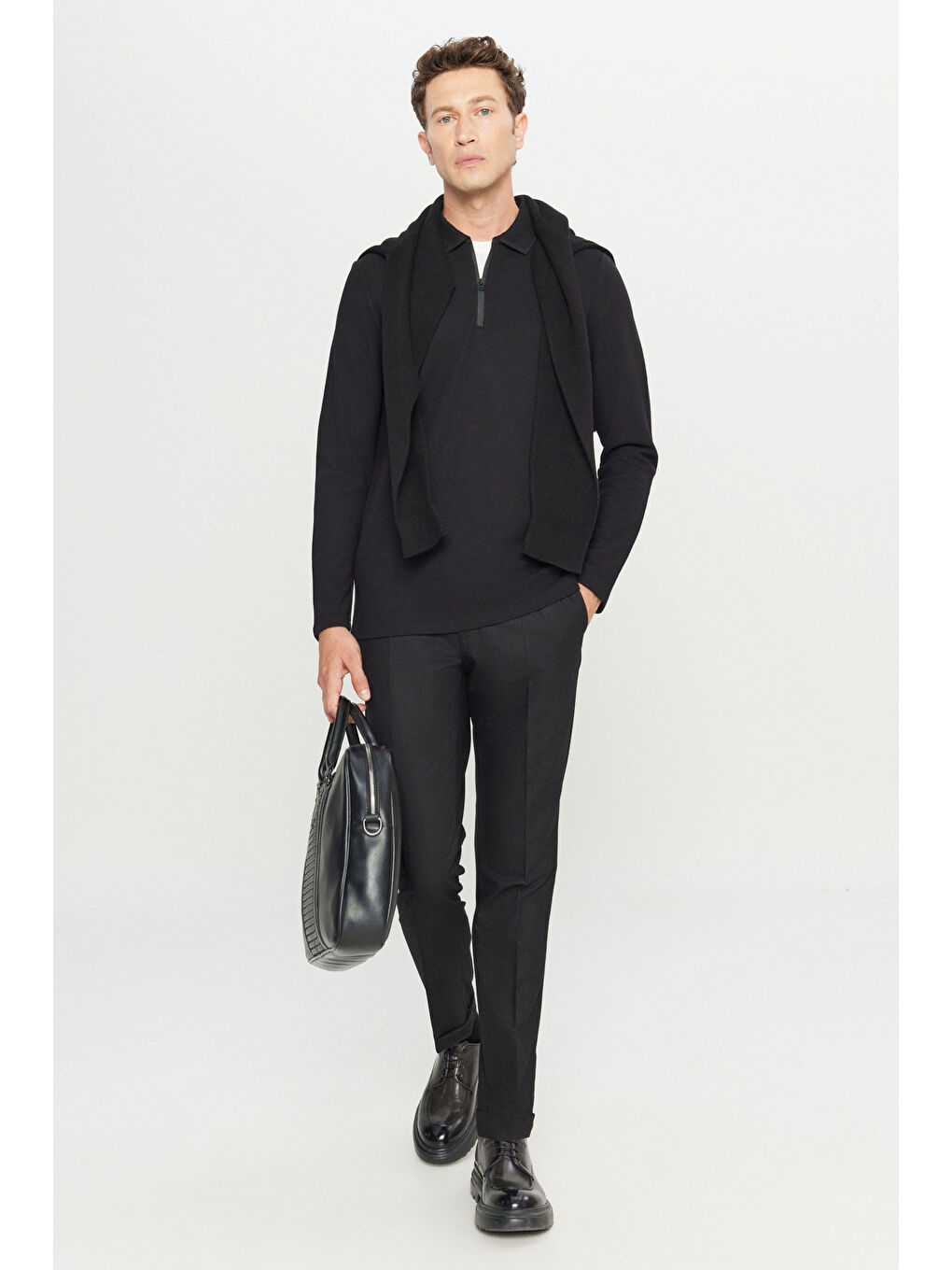 Erkek Siyah %100 Pamuk Slim Fit Dar Kesim Polo Yaka Uzun Kollu Tişört-1