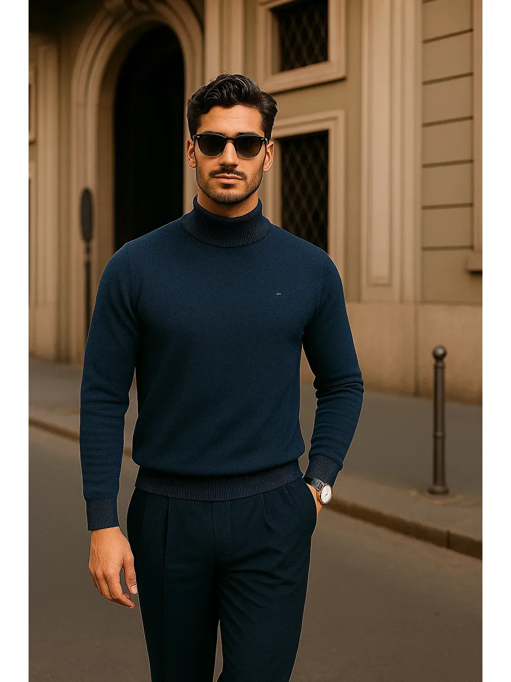 Erkek Günlük Lacivert Yarım Balıkçı Yaka Kazak-2