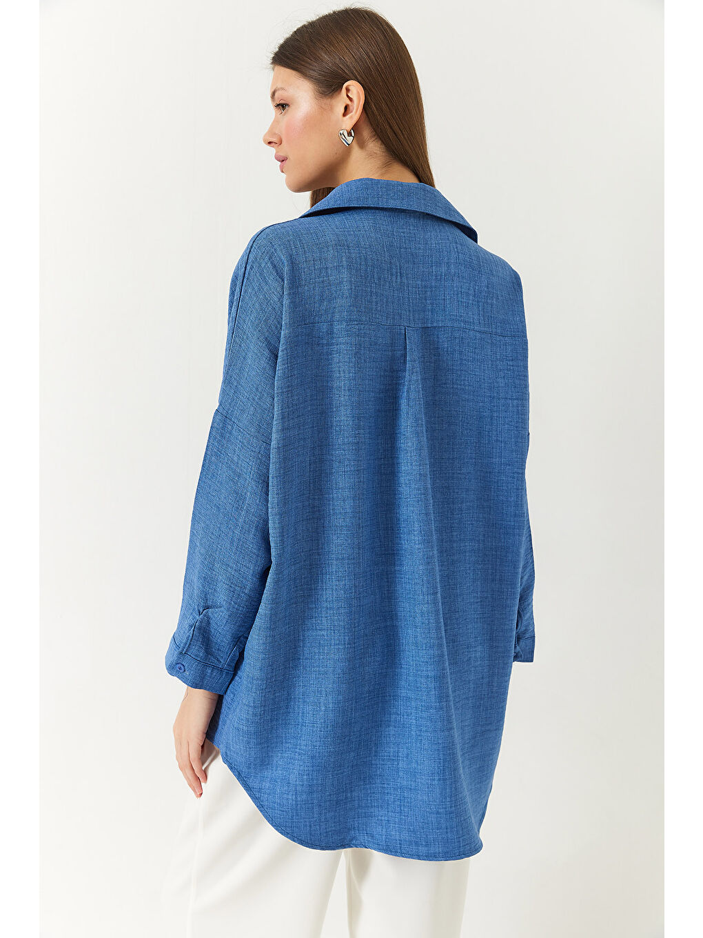 Mavi Kadın Nakışlı Sofya Keten Gömlek-6