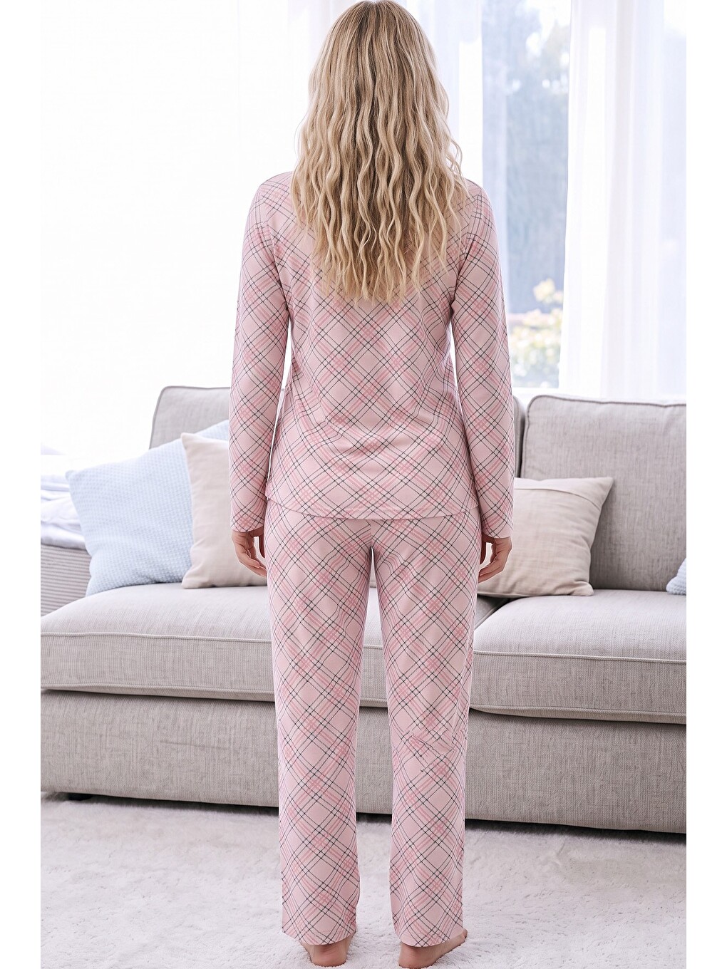 Pembe Ekose Desenli Termal Kumaşlı Ultra Soft Yumuşak Örme Pijama Takımı-2