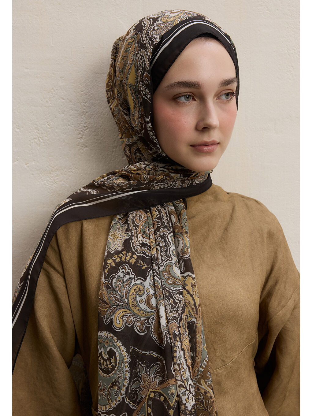 Kahverengi Dark Bohemy Desen İpek Krep Şal Acı Kahve-1
