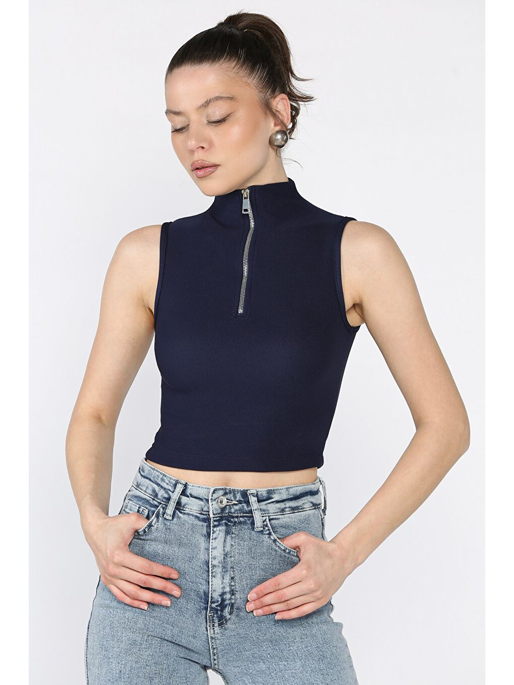 Lacivert Kadın Yarım Fermuarlı Fitilli Crop Top Bluz