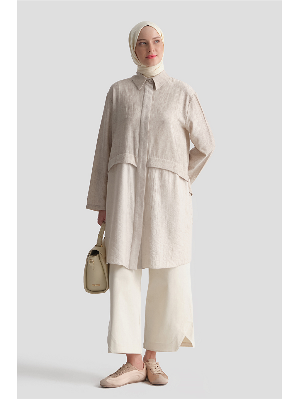 Bej Efektli Kumaş Mixli Tunik Vizon