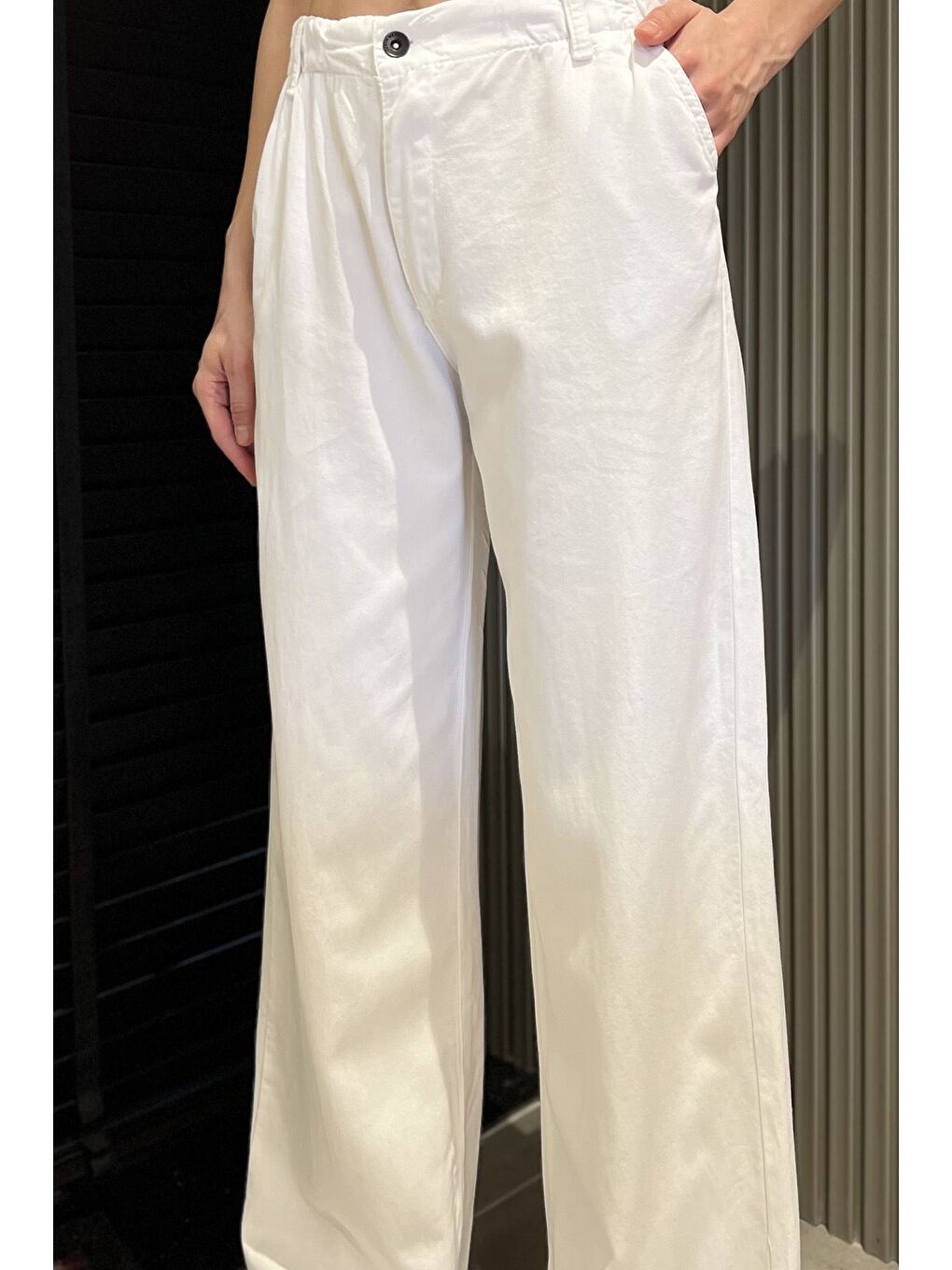 Beyaz Kadın Yüksek Bel Pantolon-3