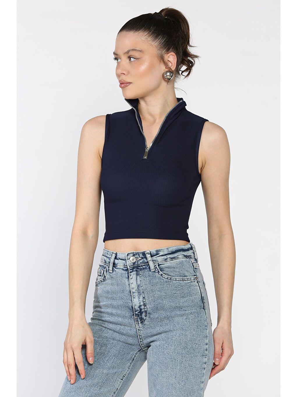 Lacivert Kadın Yarım Fermuarlı Fitilli Crop Top Bluz-1