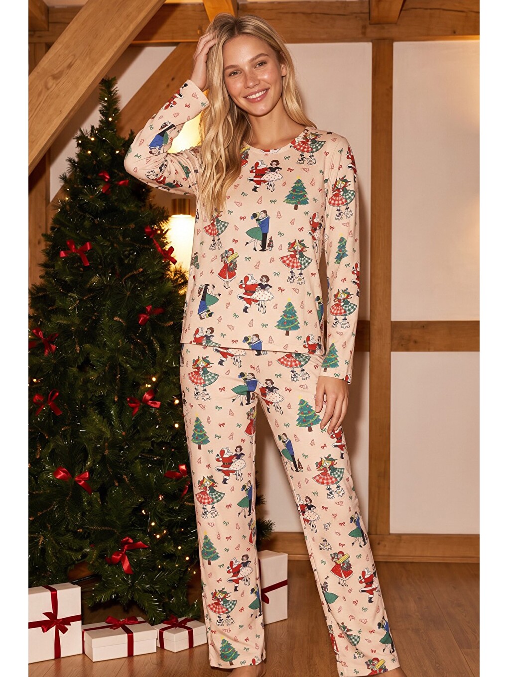 Ekru Krem Yılbaşı Temalı Desenli Termal Kumaşlı Ultra Soft Yumuşak Örme Pijama Takımı-1