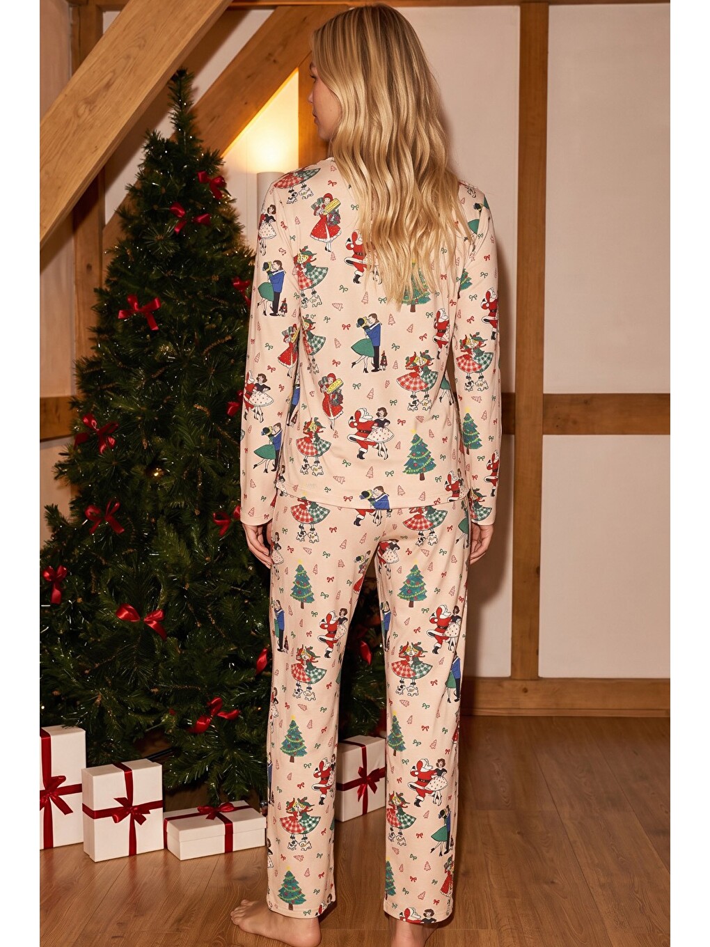 Ekru Krem Yılbaşı Temalı Desenli Termal Kumaşlı Ultra Soft Yumuşak Örme Pijama Takımı-2