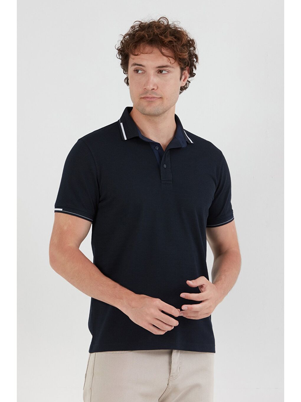 Lacivert Basic Yarım Düğmeli Polo Yaka Slim Fit Tişört