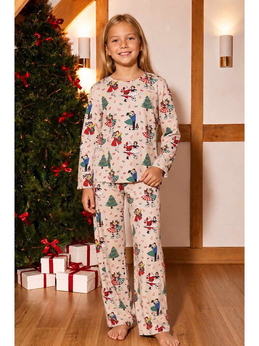 Ekru Krem Yılbaşı Temalı Desenli Termal Kumaşlı Ultra Soft Yumuşak Örme Pijama Takımı-3