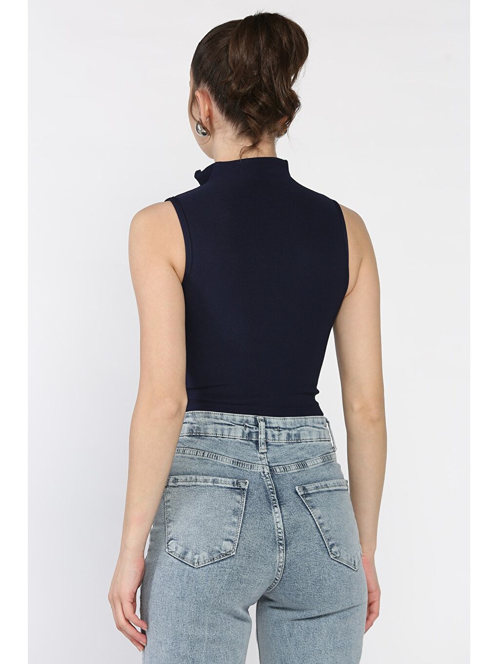Lacivert Kadın Yarım Fermuarlı Fitilli Crop Top Bluz-2