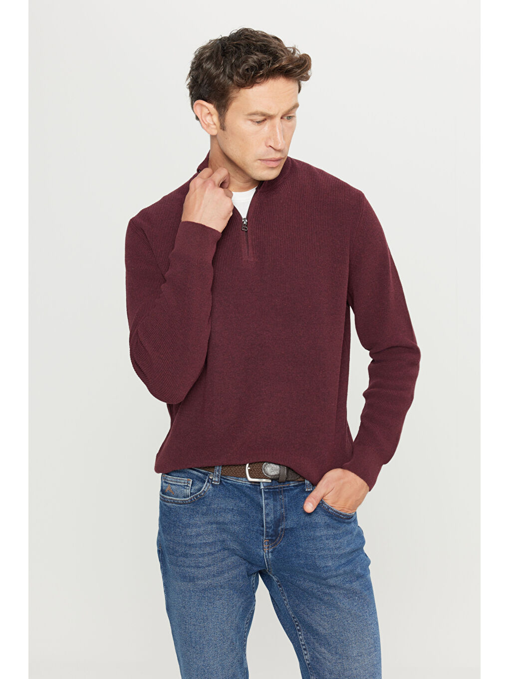 Erkek Bordo Pamuklu Standart Fit Normal Kesim Bato Yaka Jakarlı Triko Kazak-2