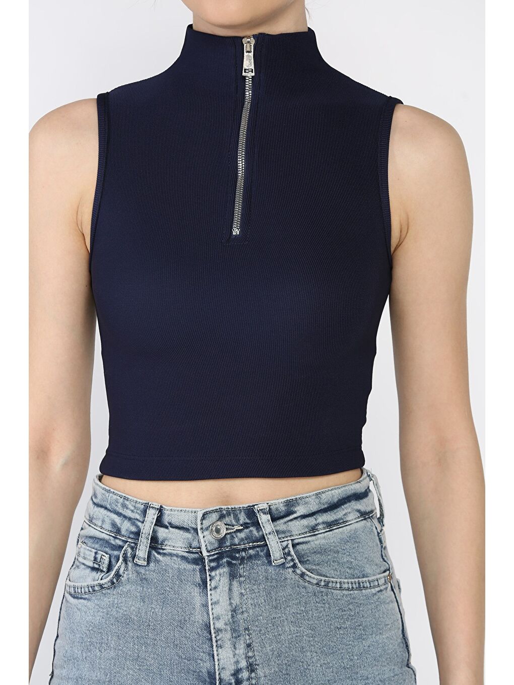 Lacivert Kadın Yarım Fermuarlı Fitilli Crop Top Bluz-3