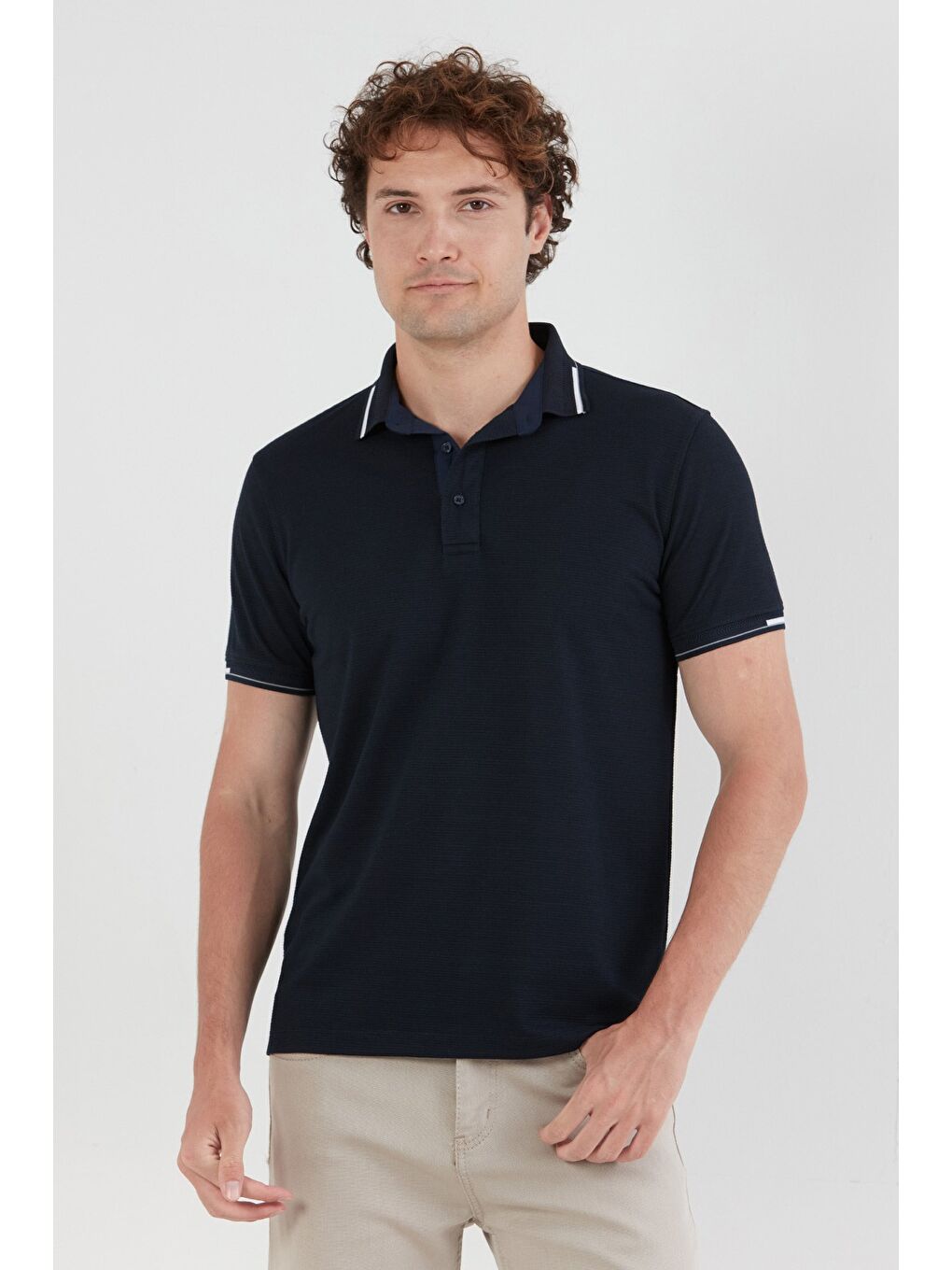 Lacivert Basic Yarım Düğmeli Polo Yaka Slim Fit Tişört-2