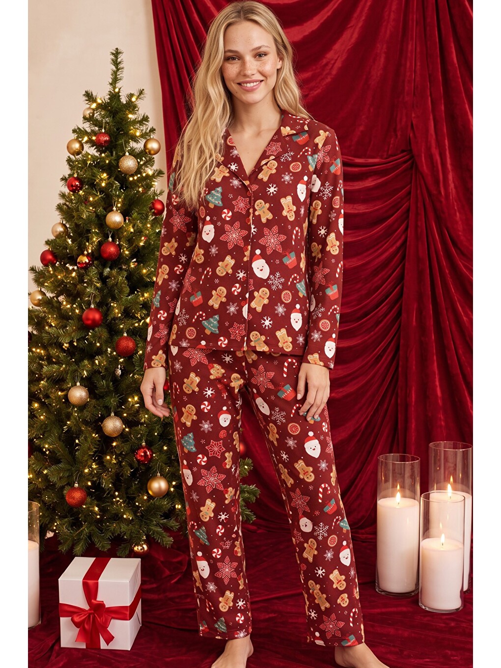 Bordo Yılbaşı Temalı Desenli Termal Kumaşlı Ultra Soft Yumuşak Düğmeli Örme Pijama Takımı-1