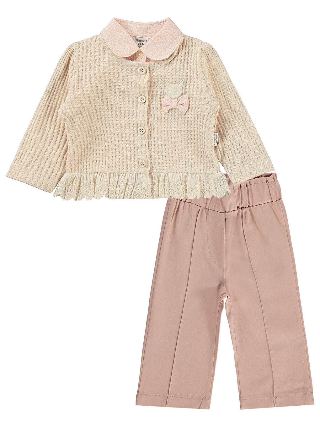 Pembe Leopar Gömlek Dantelli Hırka 3 Lü 6-18 Ay Takım - Pudra 12-18 Ay