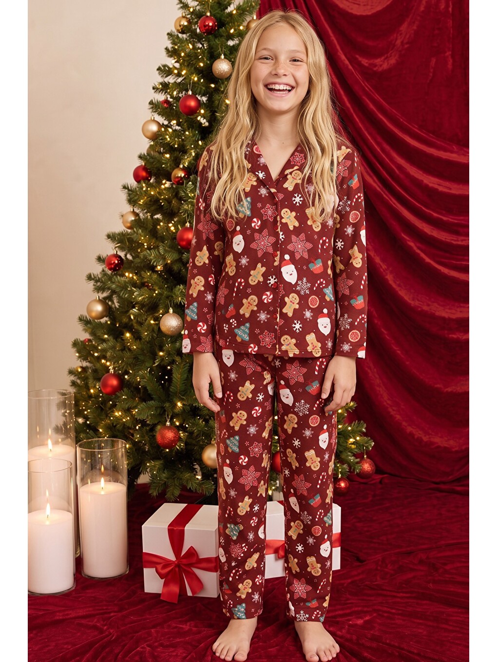Bordo Yılbaşı Temalı Desenli Termal Kumaşlı Ultra Soft Yumuşak Düğmeli Örme Pijama Takımı-2