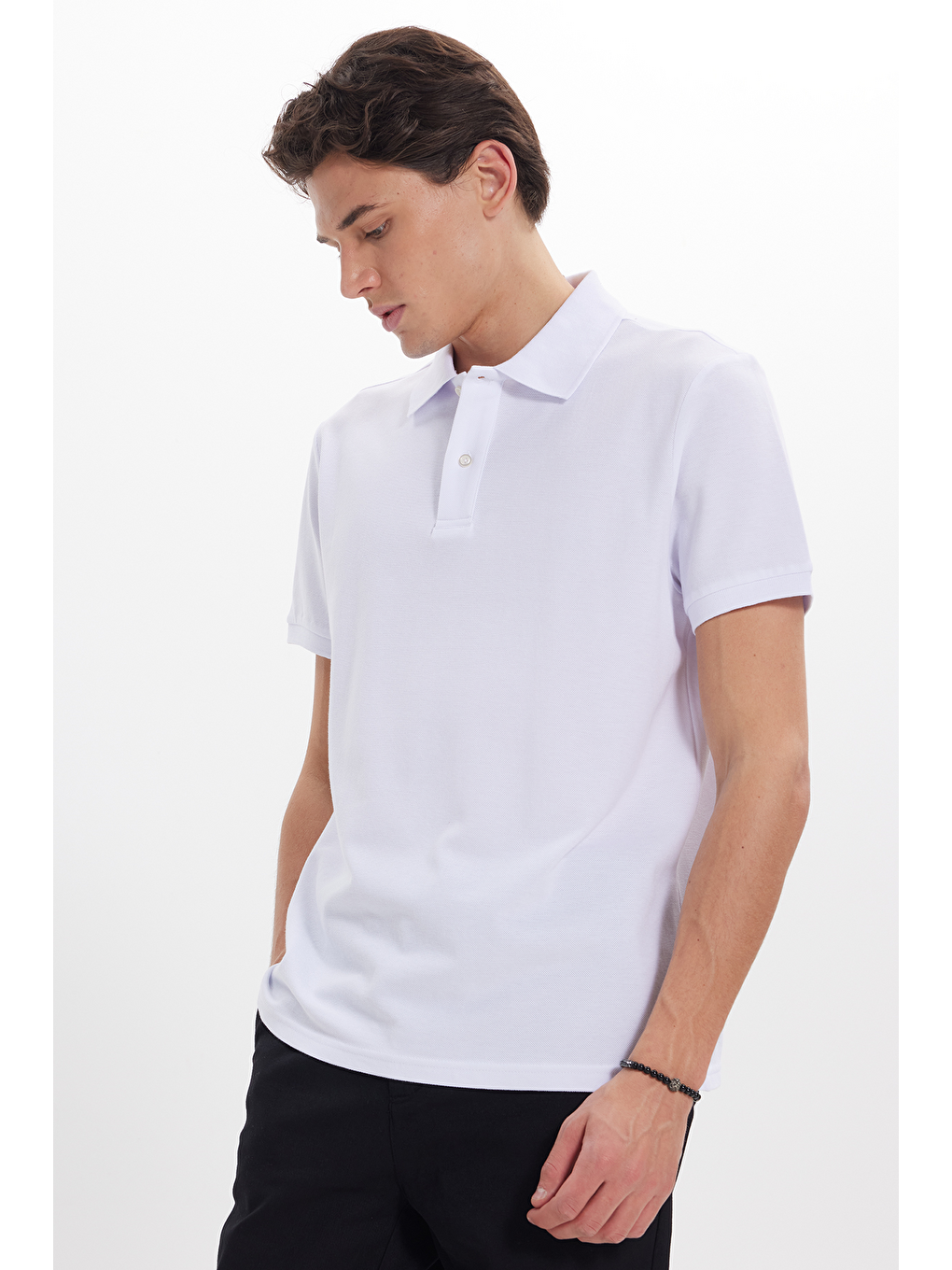 Erkek Regular Fit Klasik Kesim %100 Pamuk Düz Pike Beyaz Polo Yaka Tişört-6