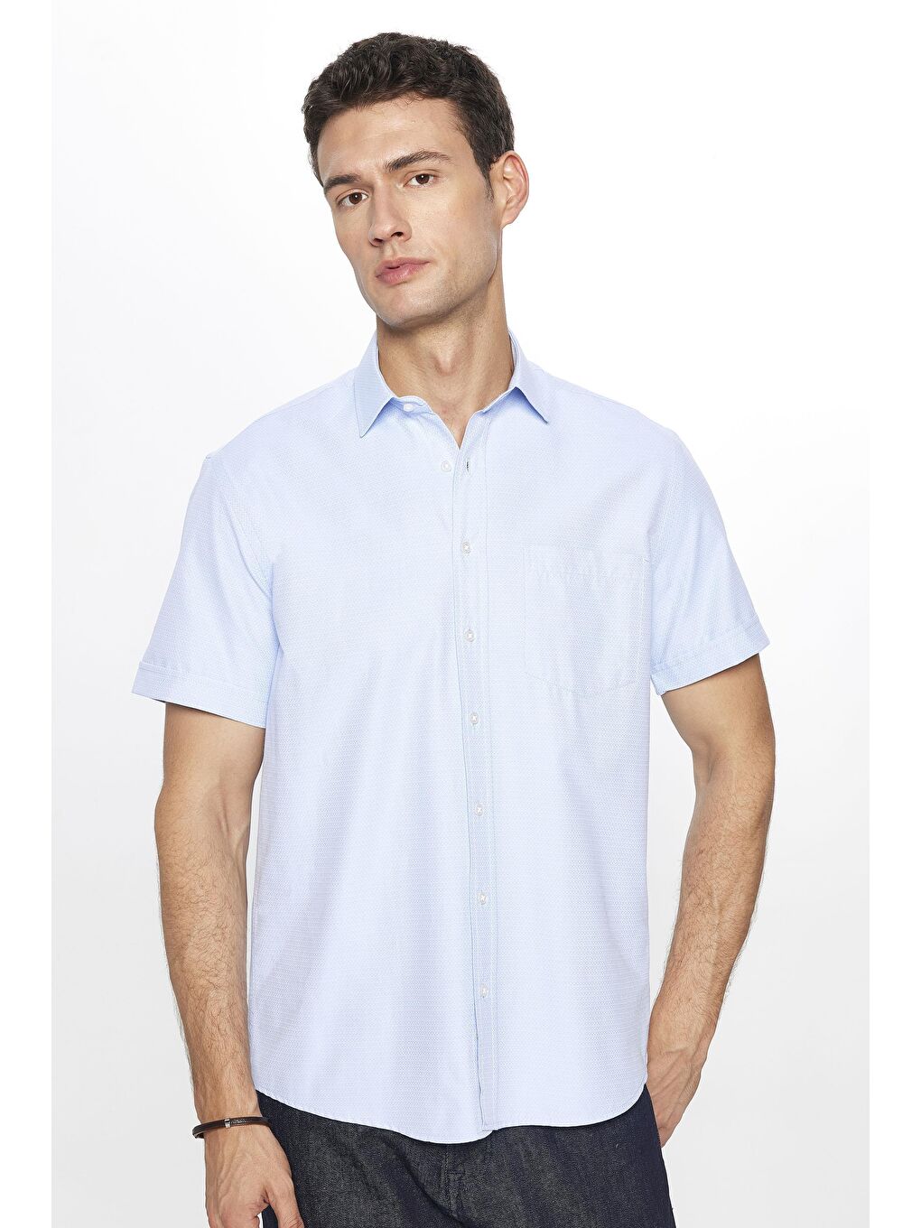 Erkek Regular Fit Klasik Kesim Pamuklu Tek Cepli Armürlü Mavi Gömlek