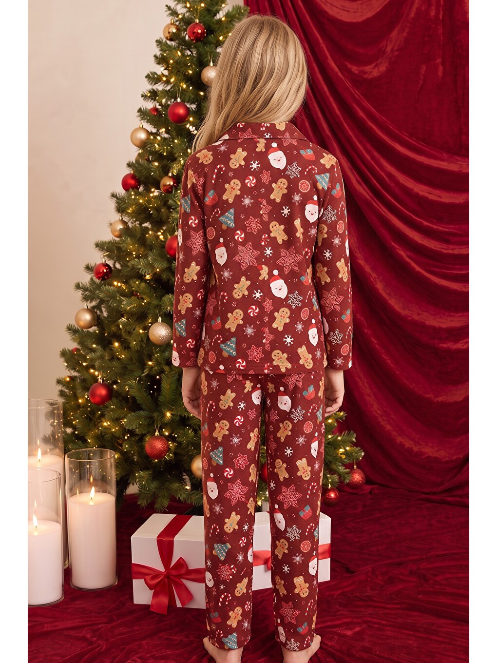 Bordo Yılbaşı Temalı Desenli Termal Kumaşlı Ultra Soft Yumuşak Düğmeli Örme Pijama Takımı-3
