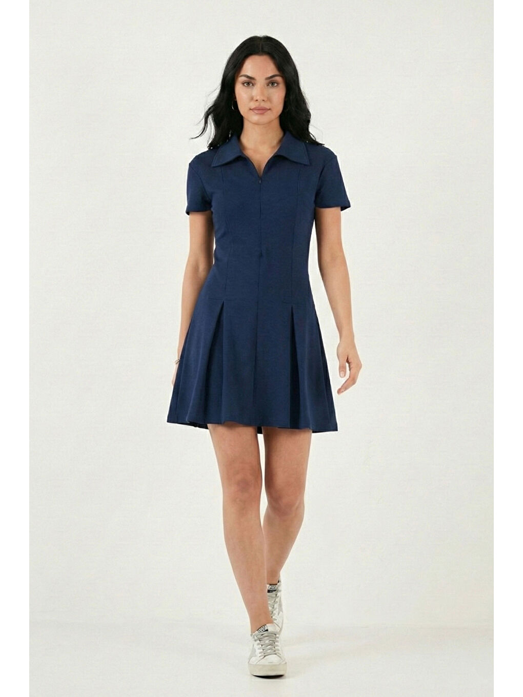Lacivert Fitted Fit Klasik Yaka Fermuar Detaylı Pileli Kadın Mini Elbise 5866659-1