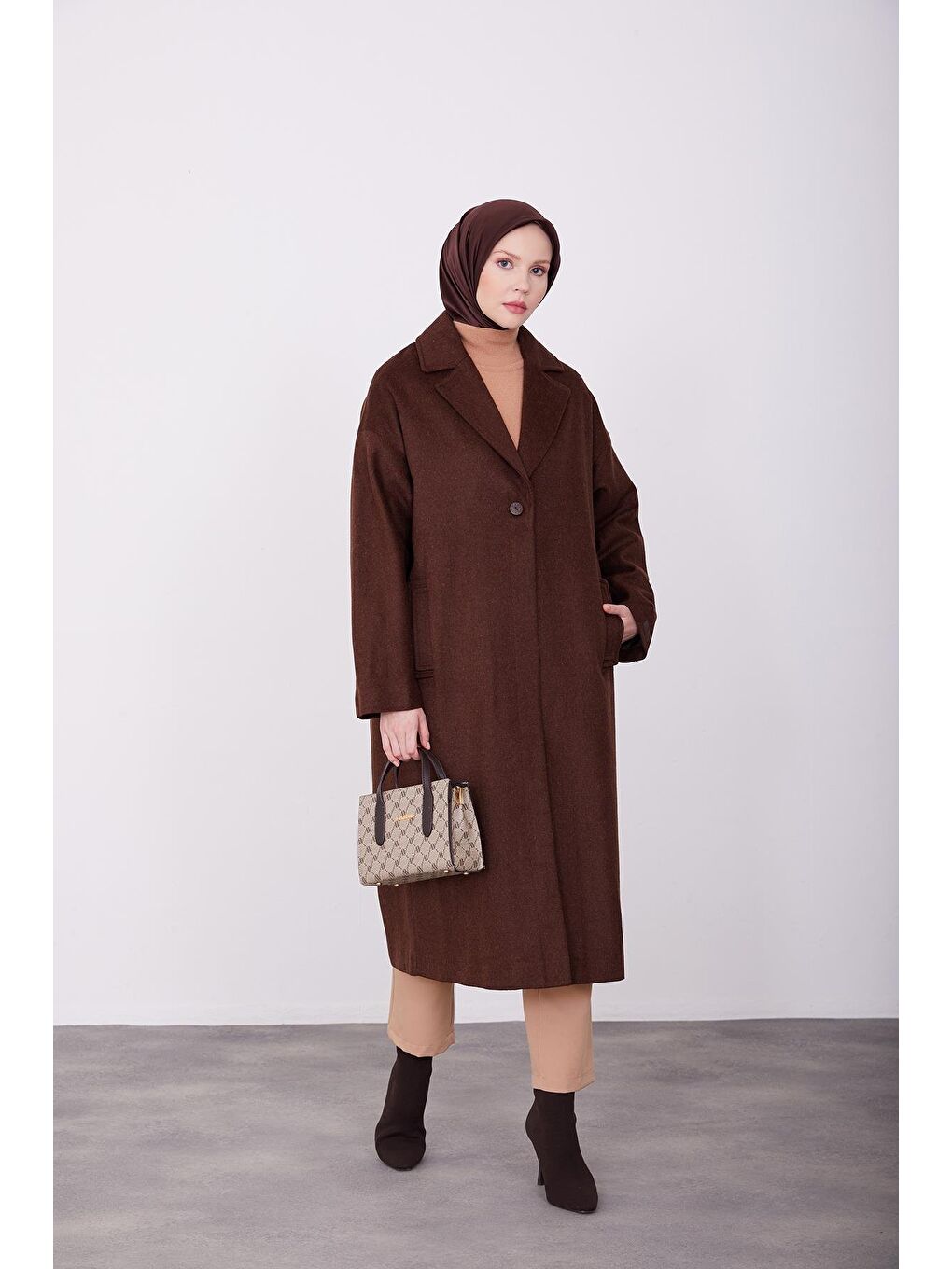 Kahverengi Tek Düğmeli Kaban 23K7202 Acı Kahve