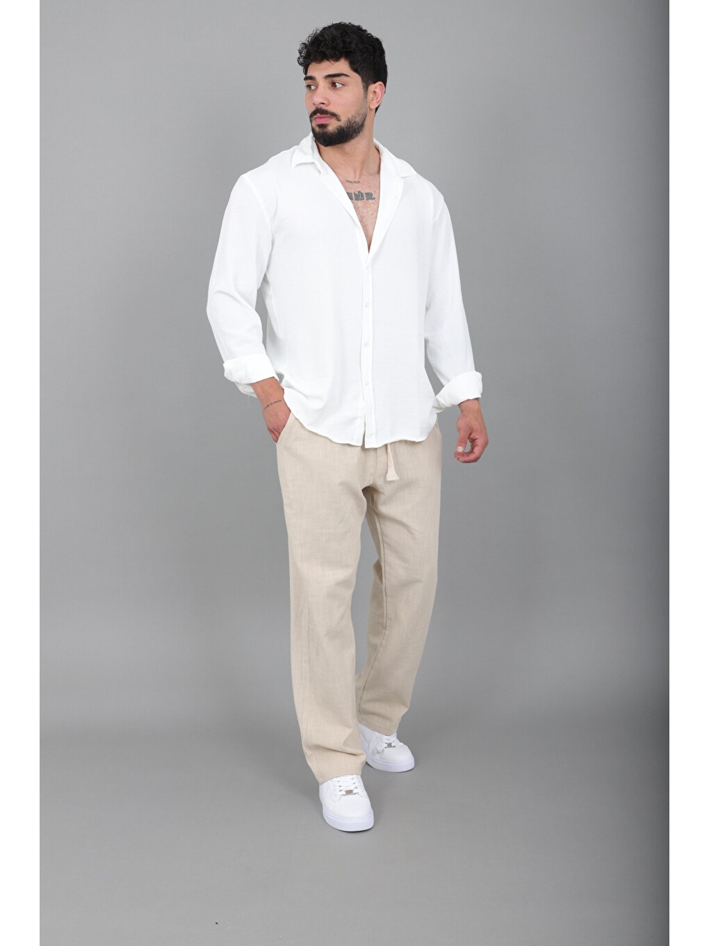 Bej Yıkamalı Keten Baggy Pantolon Spr 2313_0445-1