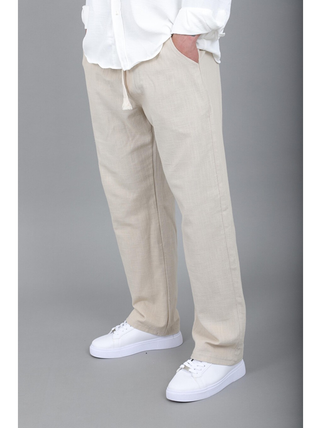 Bej Yıkamalı Keten Baggy Pantolon Spr 2313_0445-2