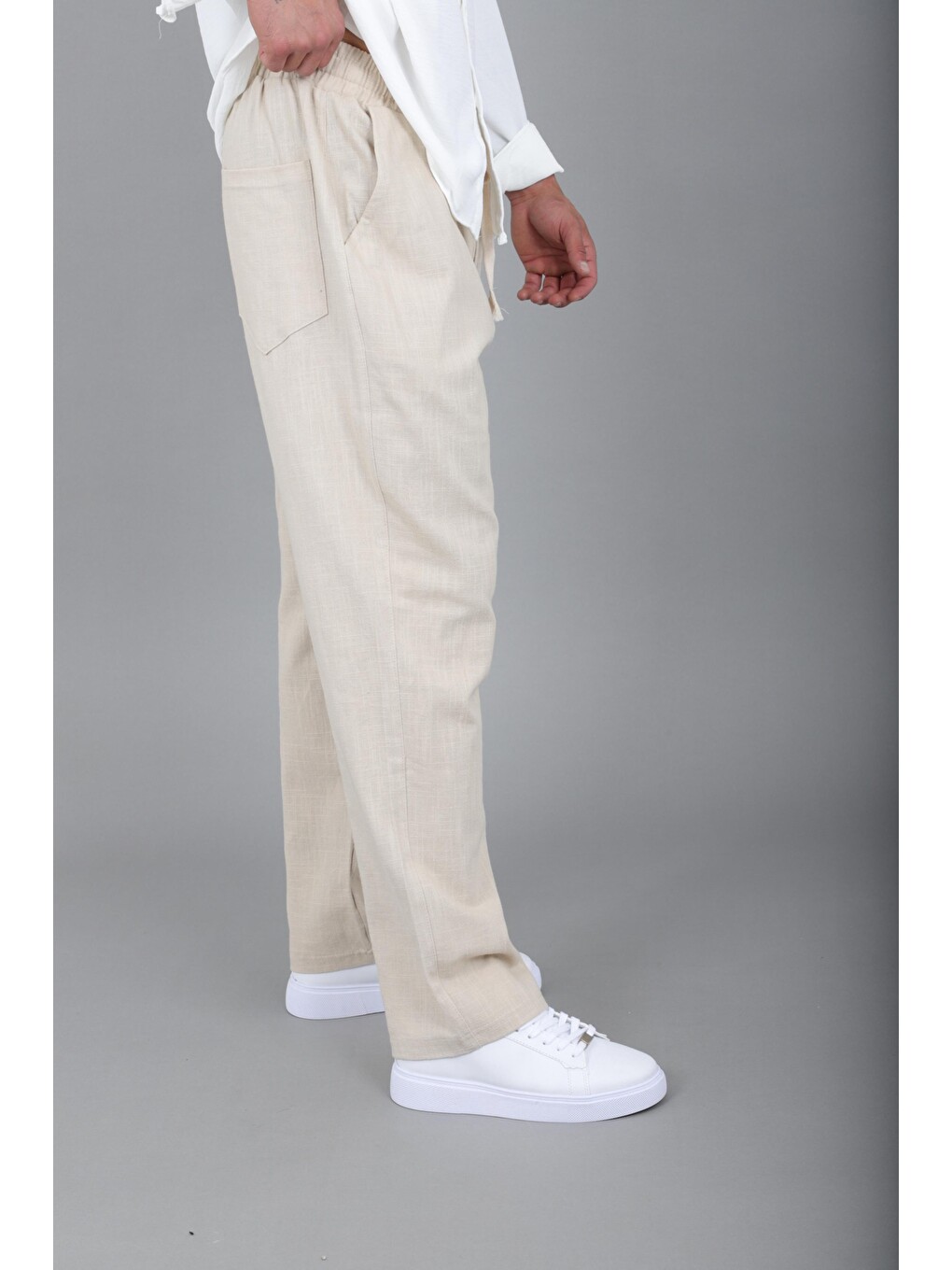 Bej Yıkamalı Keten Baggy Pantolon Spr 2313_0445-3
