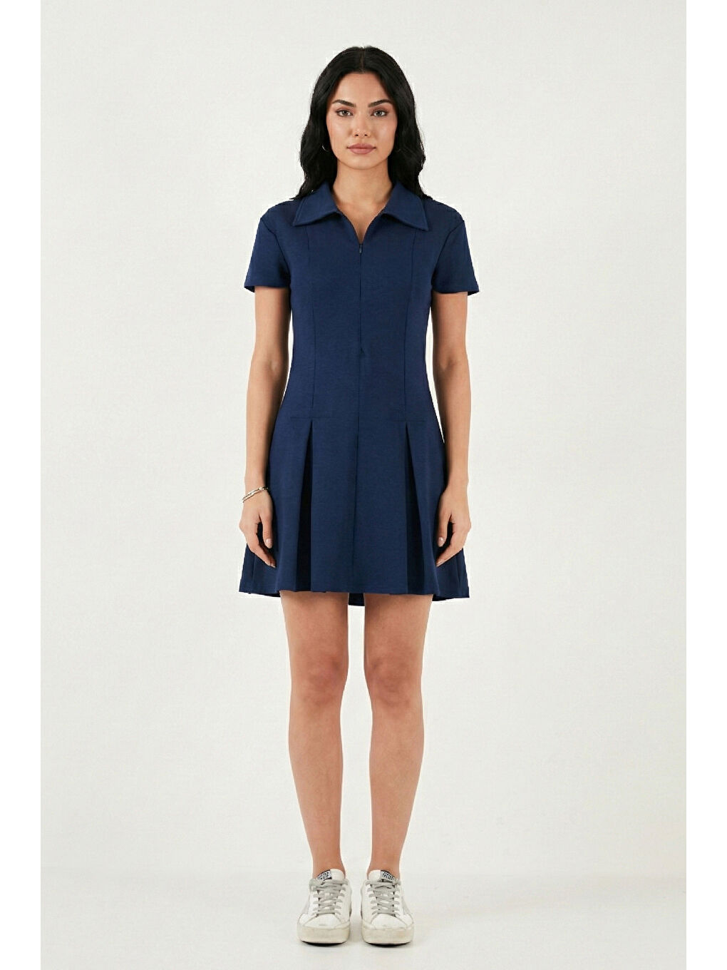 Lacivert Fitted Fit Klasik Yaka Fermuar Detaylı Pileli Kadın Mini Elbise 5866659-2
