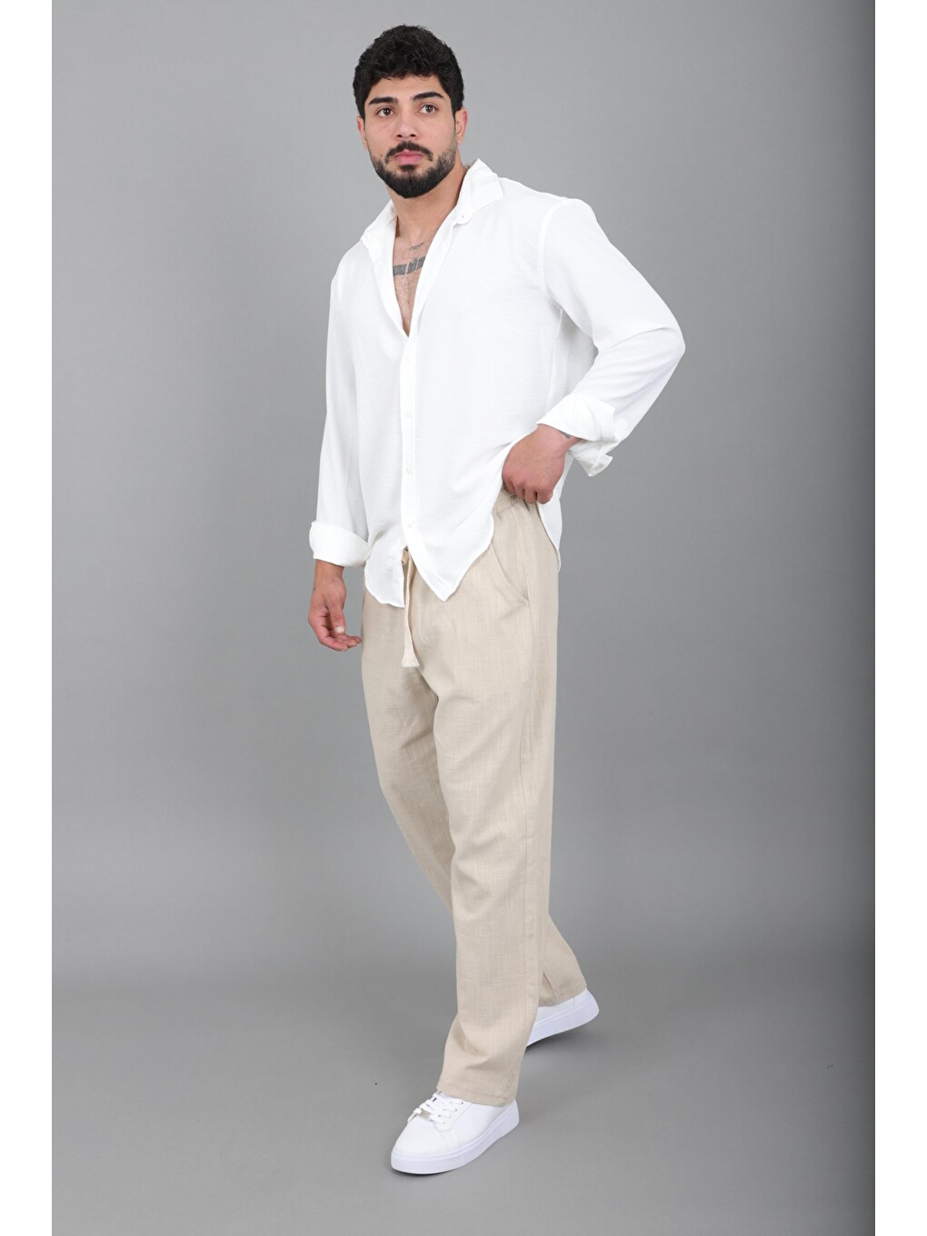 Bej Yıkamalı Keten Baggy Pantolon Spr 2313_0445-5