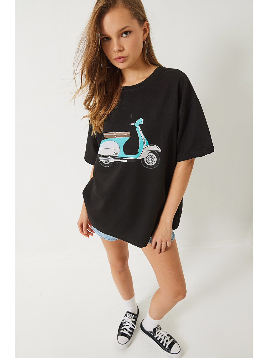 Siyah Kadın Scooter Baskılı Kısa Kollu Bisiklet Yaka Regular T-Shirt