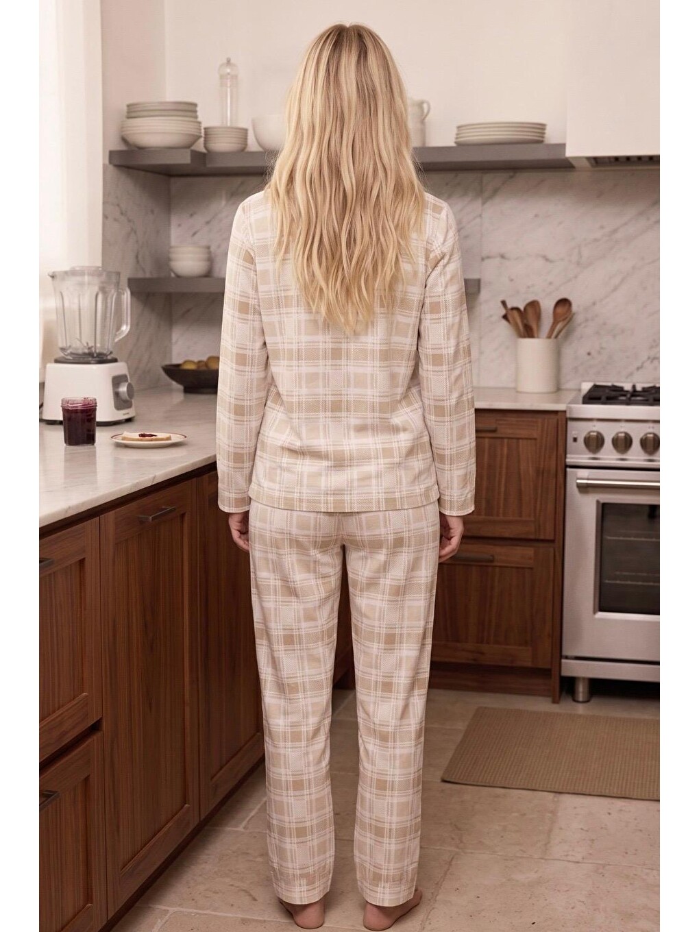 Ekru Krem Ekose Desenli Termal Kumaşlı Ultra Soft Yumuşak Düğmeli Örme Pijama Takımı-2