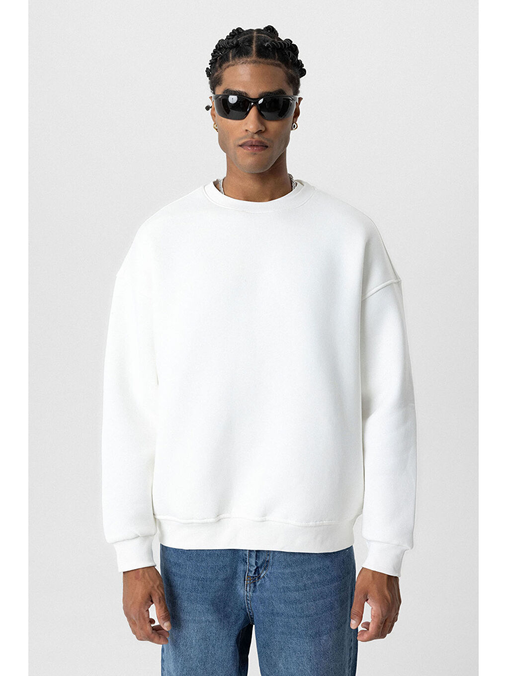 VAMOSCLO Ekru Basic Oversize Bisiklet Yaka Erkek Sweatshirt - 1