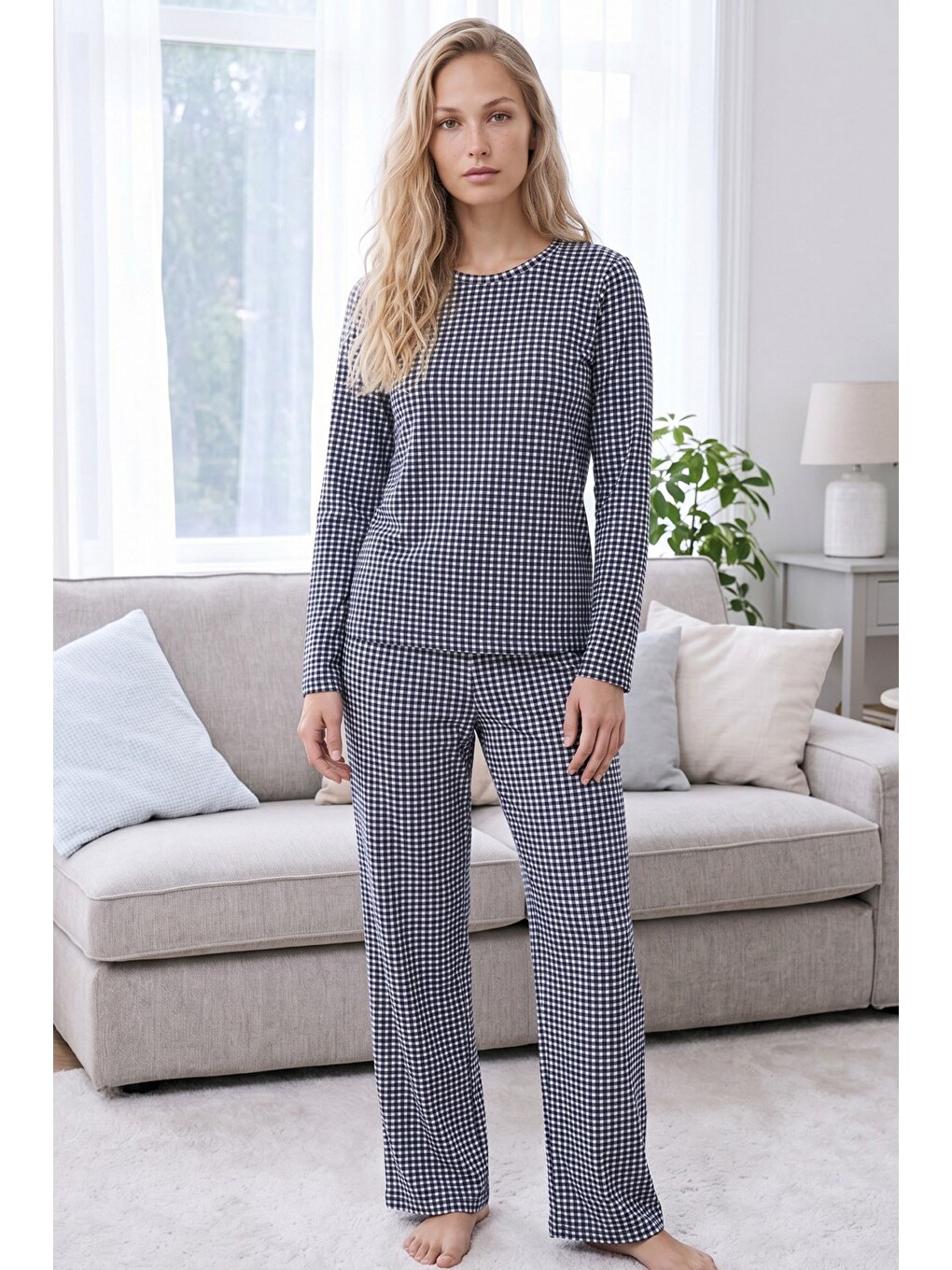 Lacivert Ekose Desenli Termal Kumaşlı Ultra Soft Yumuşak Örme Pijama Takımı-1