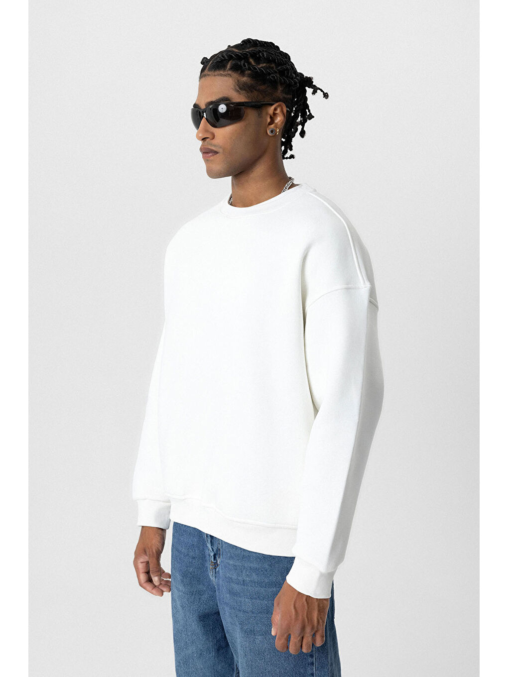 VAMOSCLO Ekru Basic Oversize Bisiklet Yaka Erkek Sweatshirt - 2