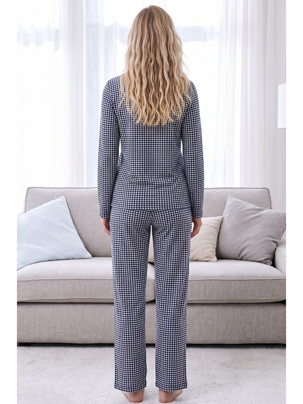 Lacivert Ekose Desenli Termal Kumaşlı Ultra Soft Yumuşak Örme Pijama Takımı-2