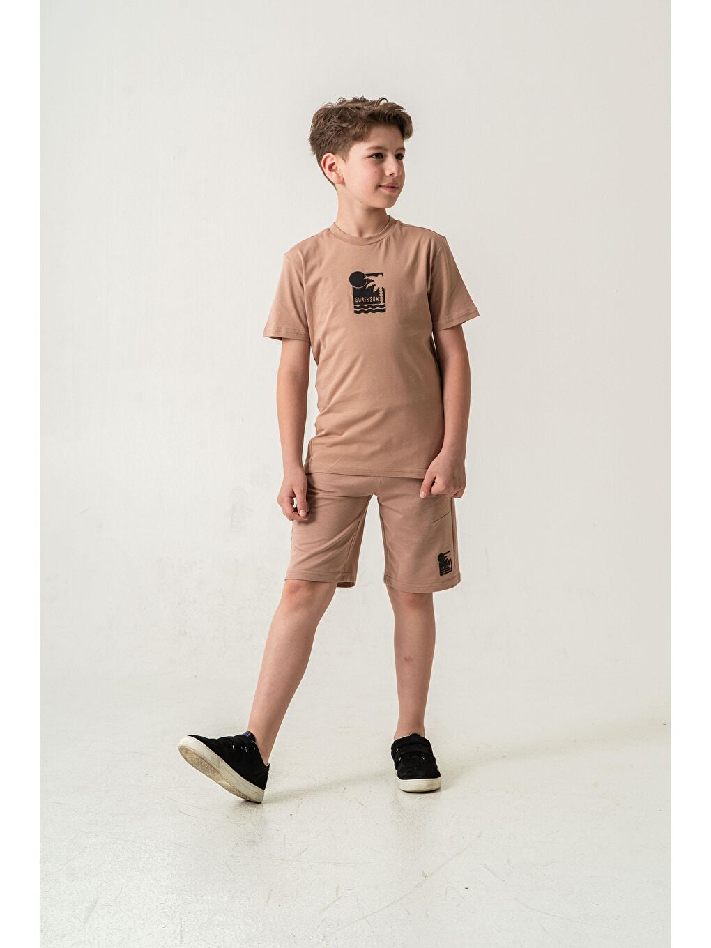 Bej Surf & Sun Baskılı Erkek Çocuk Şort - Tişört Takımı-1