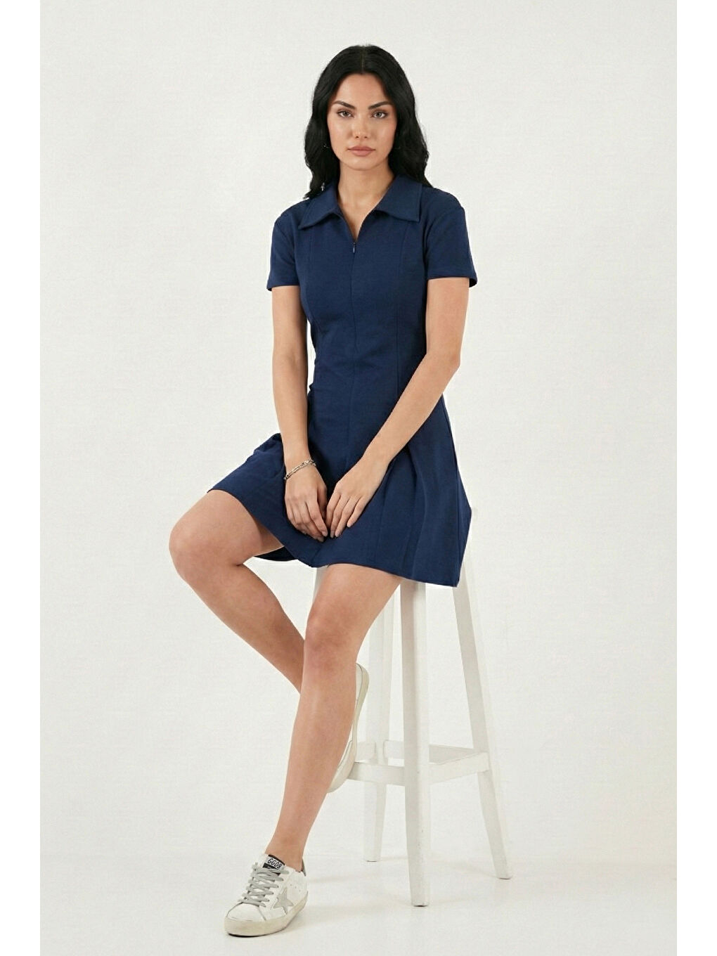 Lacivert Fitted Fit Klasik Yaka Fermuar Detaylı Pileli Kadın Mini Elbise 5866659-3