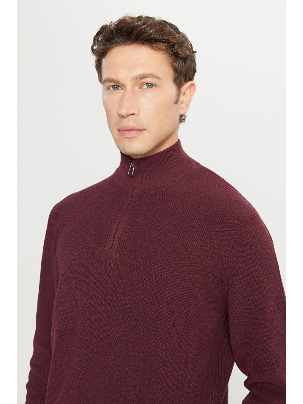 Erkek Bordo Pamuklu Standart Fit Normal Kesim Bato Yaka Jakarlı Triko Kazak-3