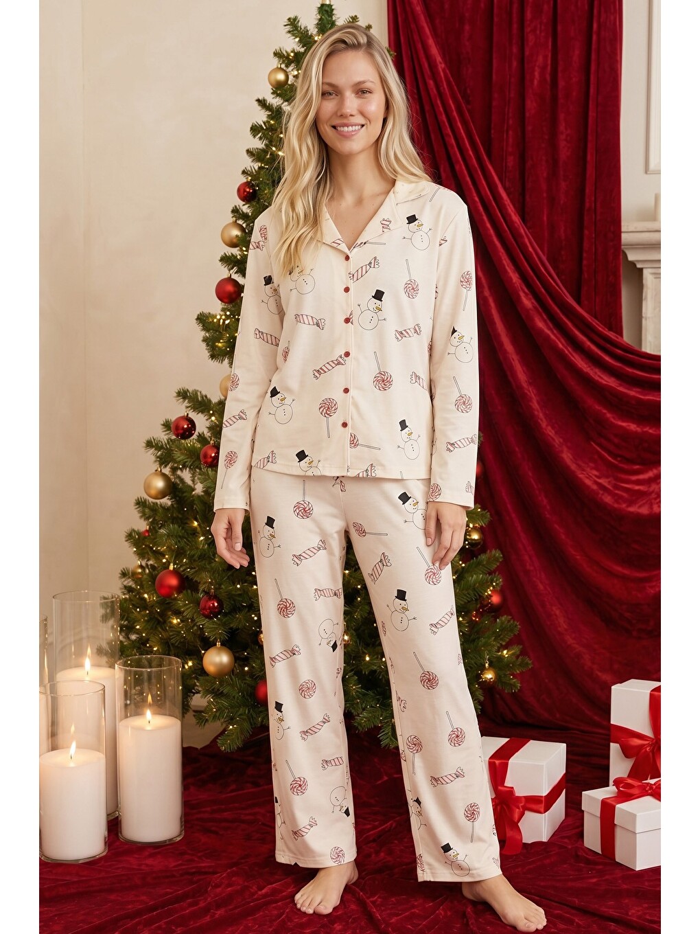 Ekru Krem Desenli Termal Kumaşlı Ultra Soft Yumuşak Düğmeli Örme Pijama Takımı-1