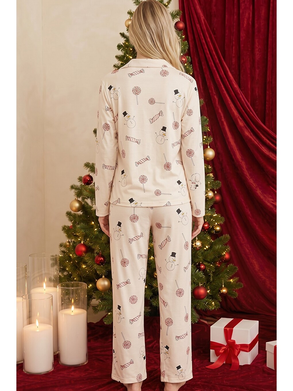 Ekru Krem Desenli Termal Kumaşlı Ultra Soft Yumuşak Düğmeli Örme Pijama Takımı-2