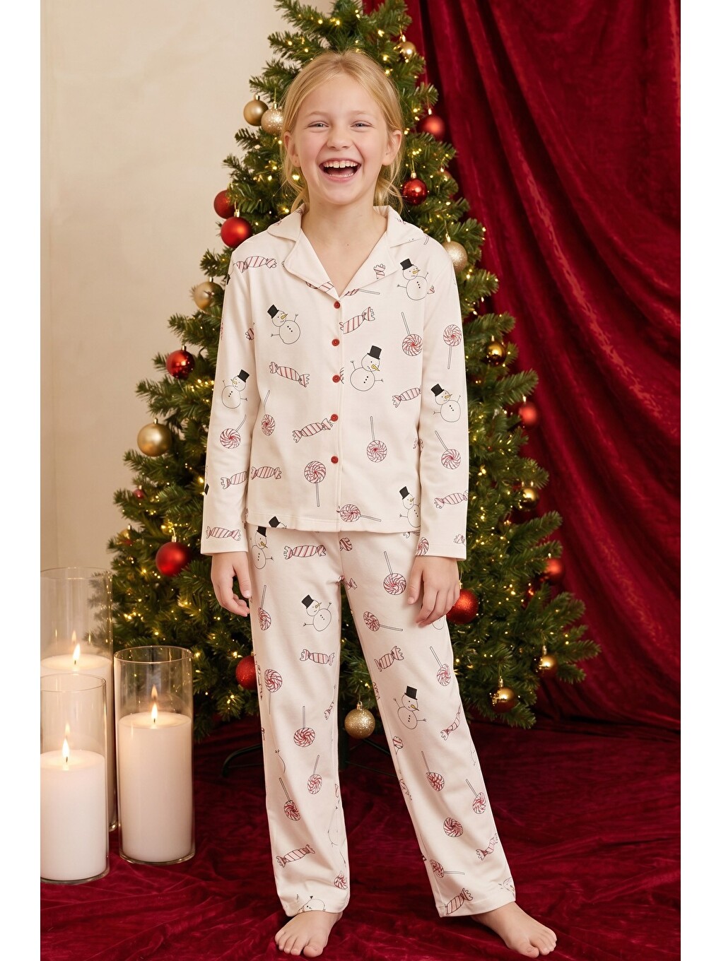 Ekru Krem Desenli Termal Kumaşlı Ultra Soft Yumuşak Düğmeli Örme Pijama Takımı-3