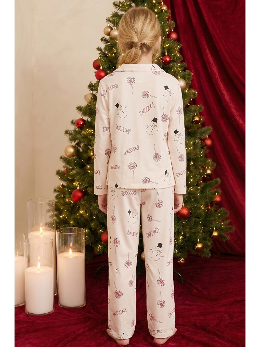 Ekru Krem Desenli Termal Kumaşlı Ultra Soft Yumuşak Düğmeli Örme Pijama Takımı-4