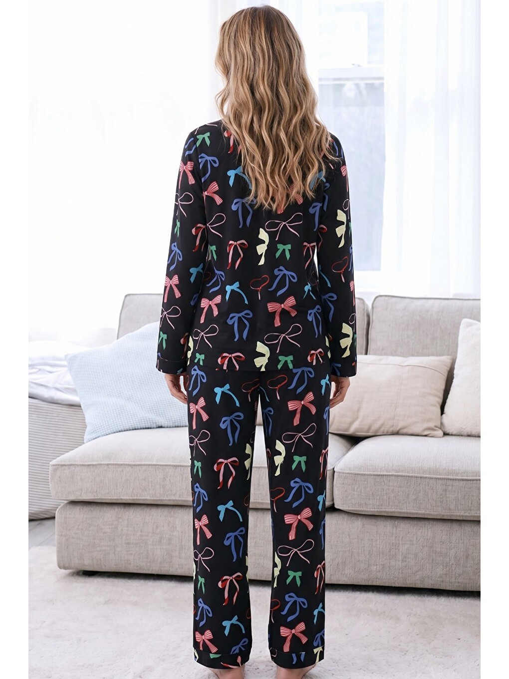 Siyah Desenli Termal Kumaşlı Ultra Soft Yumuşak Düğmeli Örme Pijama Takımı-1