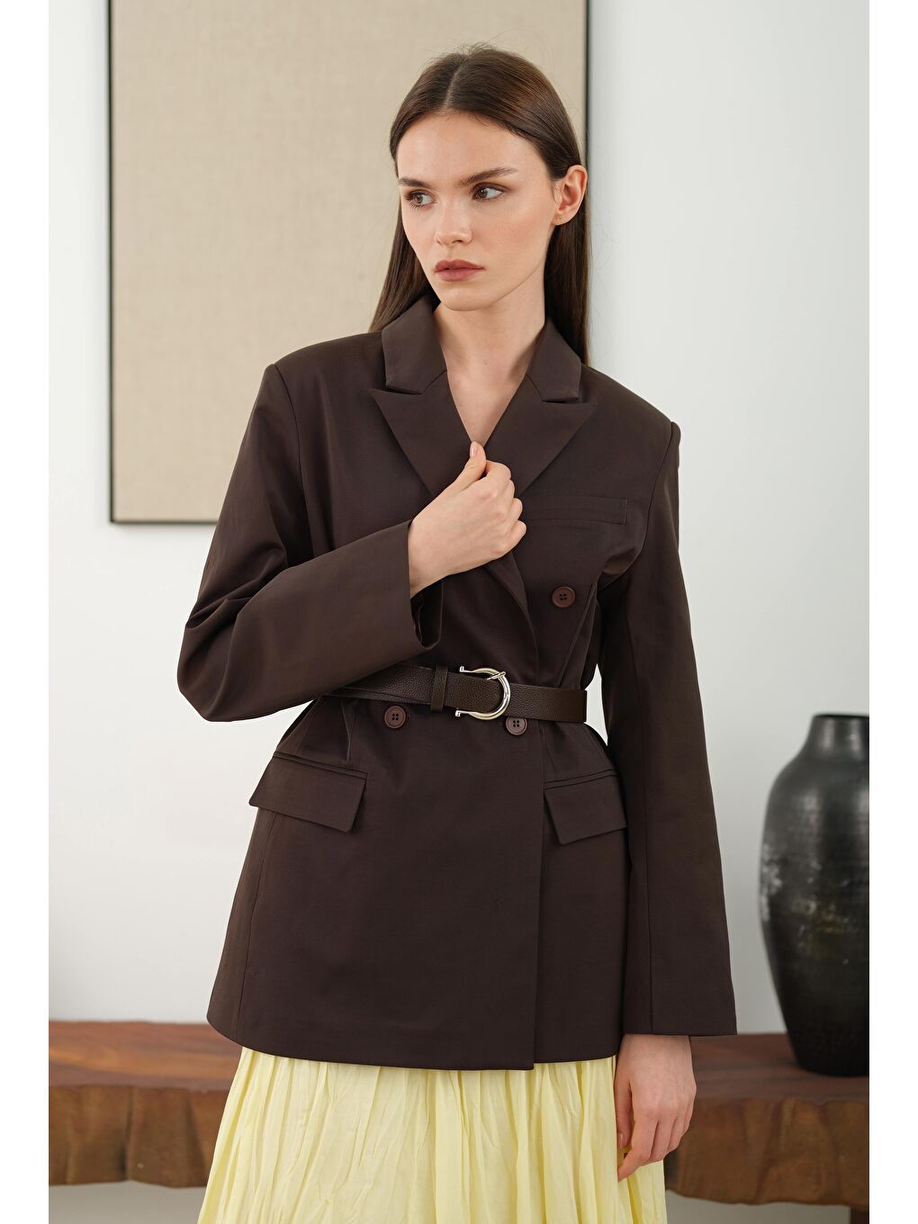 Kahverengi Bele Oturtmalı Ceket Acı Kahve