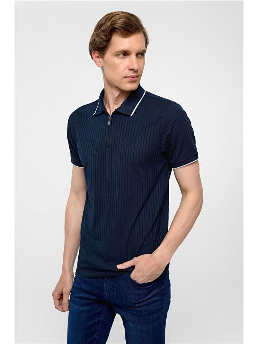 Lacivert Slim Fitilli Polo Yaka Tişört-1