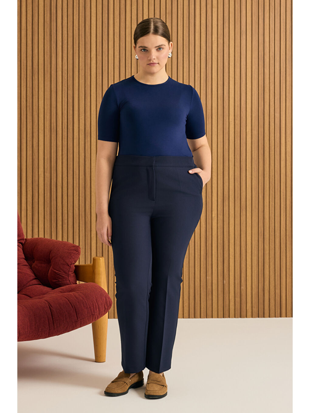 Lacivert Beli Lastikli Dokuma Pantolon-1