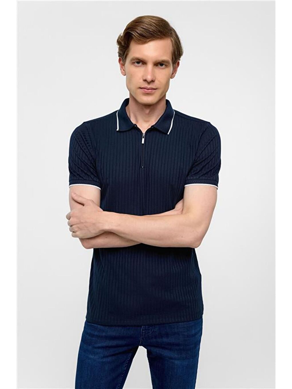 Lacivert Slim Fitilli Polo Yaka Tişört-2