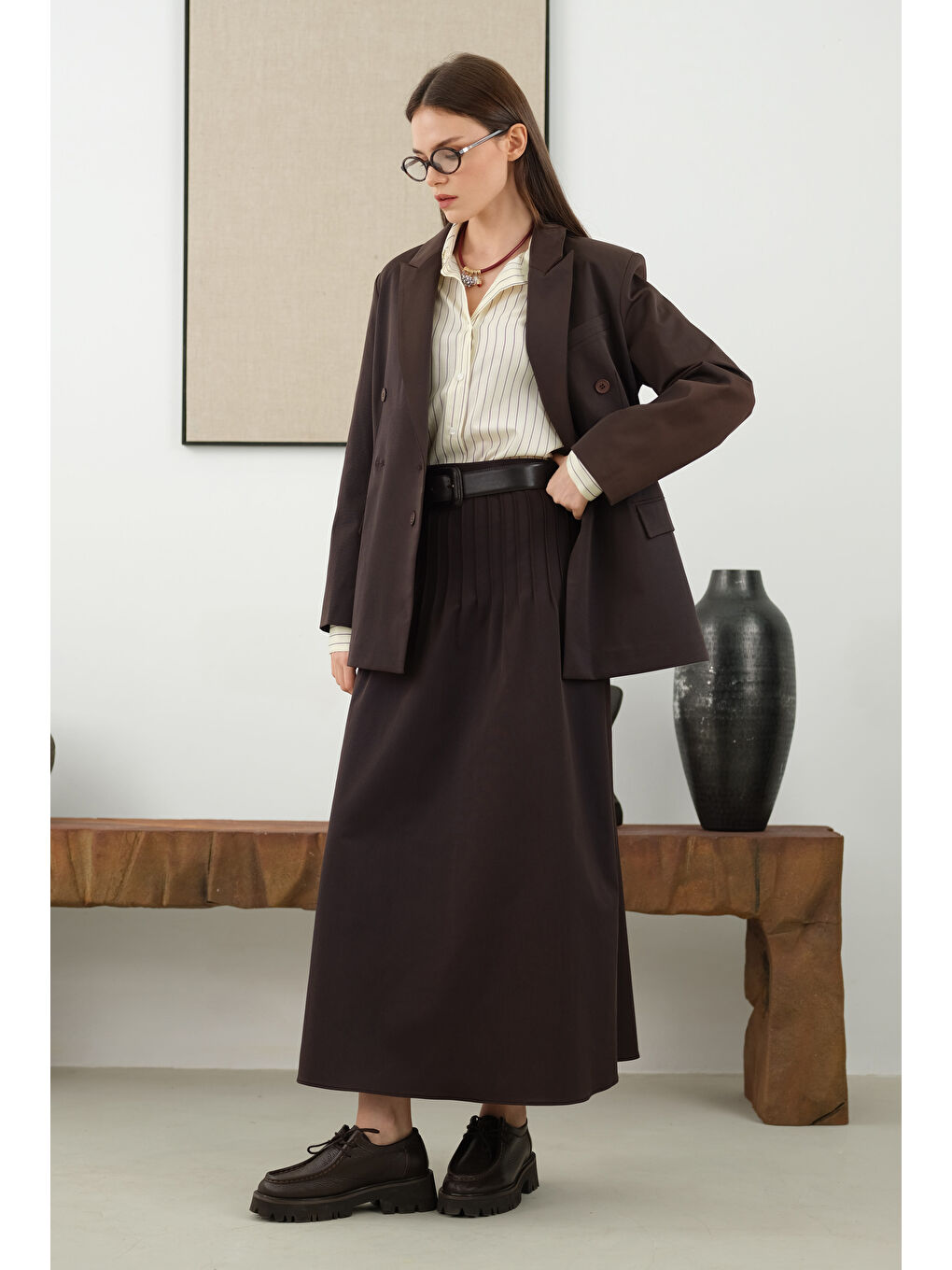 Kahverengi Bele Oturtmalı Ceket Acı Kahve-2